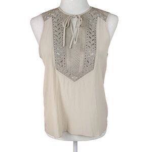Parker Sleeveless Silk Blouse Size XS Beige Taupe Crochet Lace Detail Tie Neck
